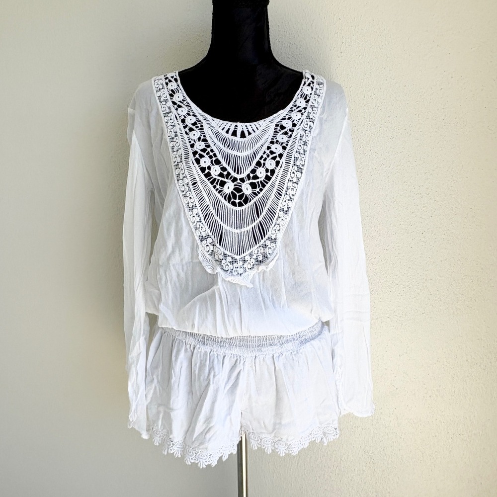 Elan Romper Crochet Lace Bib Open‎ Back, Womens O/S White
